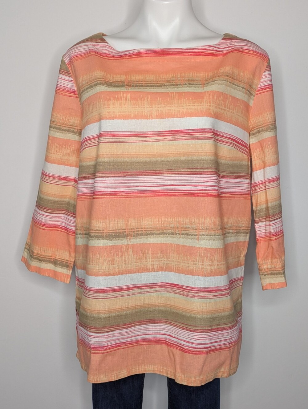 Paradise Shores Orange White Striped Cotton Linen Oversized Blouse L